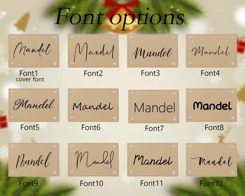 May include: An image showcasing twelve font options for the word "Mandel". Each font is displayed on a rectangular, light brown background, with the font number labeled below. The text "Font options" is at the top.