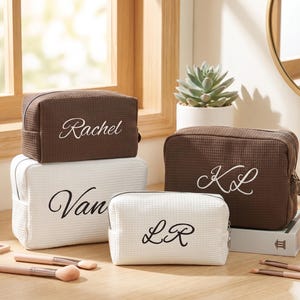 Personalized Embroidered Waffle Makeup Bag, Custom Name Cosmetic Bag, Bridesmaid Gift, Monogram Toiletry Bag, Travel Makeup Pouch for Women
