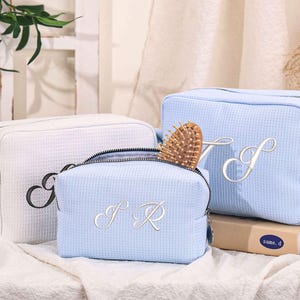 Bridesmaid Gifts, Gift For Her, Personalized Waffle Travel Cosmetic Bag, Custom Monogram Makeup Bag, Embroidered Toiletry Bag, Xmas Gift