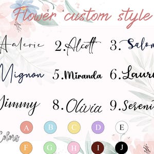 Może przedstawiać: Grafika w niestandardowym stylu z tekstem "Flower custom style" i listą imion: Aalerie, Alcott, Salome, Mignon, Miranda, Laurel, Jimmy, Olivia i Serenity. Wyświetlane są r&oacute;wnież opcje koloru czcionki.