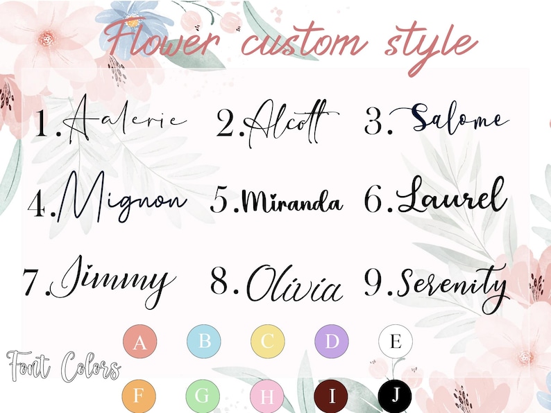 Może przedstawiać: Grafika w niestandardowym stylu z tekstem "Flower custom style" i listą imion: Aalerie, Alcott, Salome, Mignon, Miranda, Laurel, Jimmy, Olivia i Serenity. Wyświetlane są r&oacute;wnież opcje koloru czcionki.