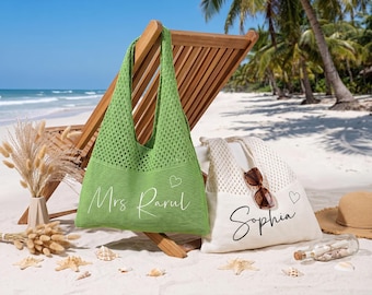 Personalized Embroidered Name Crochet Beach Bag, Bridesmaid Gift