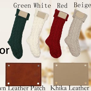 May include: Four cable-knit Christmas stockings in green, white, red, and beige, each with a matching cuff and a blank leather patch. Below are two leather patches, one brown and one beige, with metal rivets.