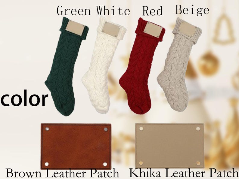 May include: Four cable-knit Christmas stockings in green, white, red, and beige, each with a matching cuff and a blank leather patch. Below are two leather patches, one brown and one beige, with metal rivets.