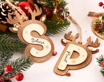 Personalized Reindeer Letter Ornament, Custom Christmas Stocking Tag