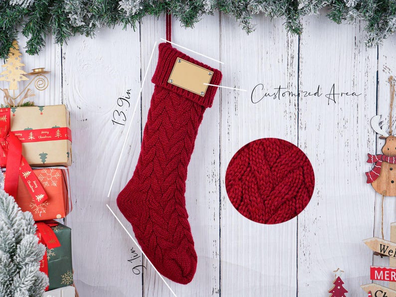 May include: A red knitted Christmas stocking, 13.9 inches long and 9.1 inches wide, with a customizable area. The stocking is hanging against a white wooden background with Christmas decorations.