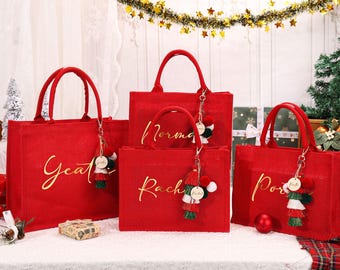 Personalized Red Burlap Christmas Gift Bag with Charm