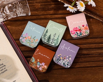 Personalized Leather Bookmark, Birth Flower Magnetic Page Marker