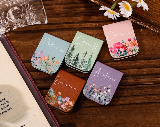 Personalized Leather Magnetic Bookmark - Custom Birth Flower Name, Mother's Day Gift