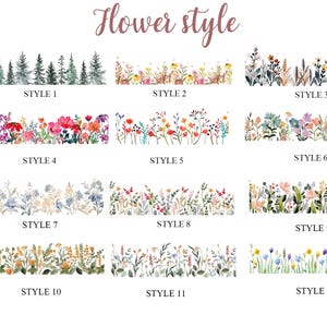 Może przedstawiać: Obraz przedstawiający dwanaście wzor&oacute;w obramowań kwiatowych, oznaczonych jako "Flower style". Każdy styl prezentuje unikalną akwarelową ilustrację kwiat&oacute;w i liści. Style wahają się od drzew iglastych po kolorowe aranżacje polnych kwiat&oacute;w.