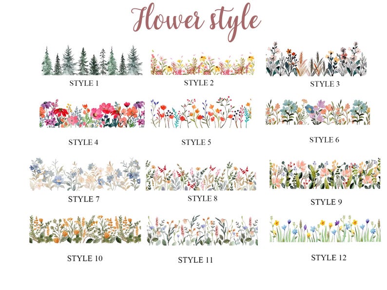 Może przedstawiać: Obraz przedstawiający dwanaście wzor&oacute;w obramowań kwiatowych, oznaczonych jako "Flower style". Każdy styl prezentuje unikalną akwarelową ilustrację kwiat&oacute;w i liści. Style wahają się od drzew iglastych po kolorowe aranżacje polnych kwiat&oacute;w.