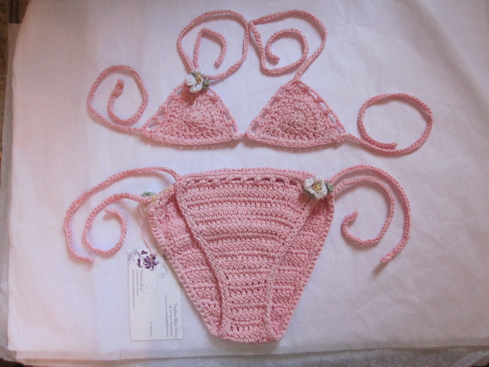 Bikini Crocheté Main Rose Taille S - Pièce Unique En Coton, Neuf Avec étiquettes