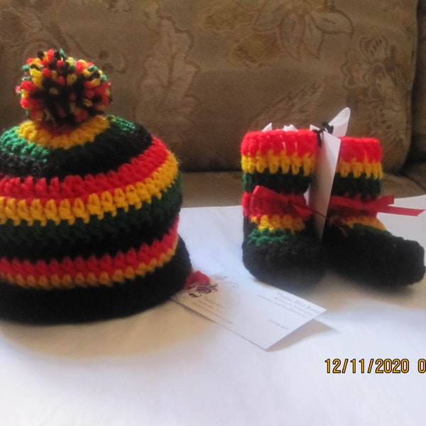 Rasta Baby Set Booties Beanie Hat 3-6 mo Crochet Unisex Shower Gift Stripes Jamaica Reggae Ethiopian  Red Gold Green Black Red Ribbon Pompom