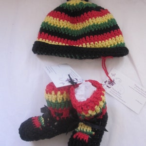 Summer Cotton One Love Rasta Baby Beanie Booties Shower Gift Spring Crochet Black Red Yellow Green Stripes Jamaica Bob Marley Reggae 3-6 mo
