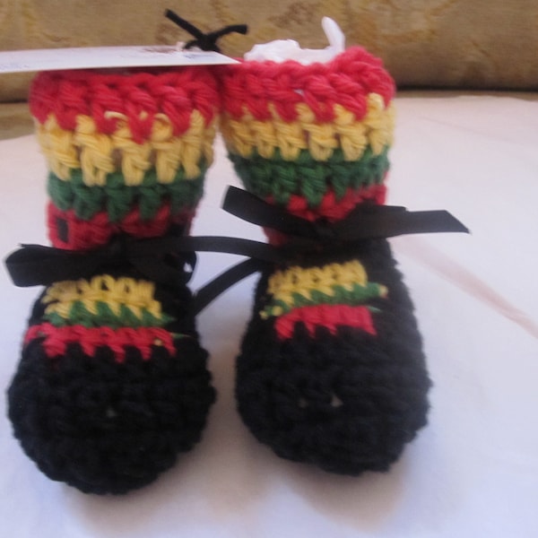 Summer Cotton Rasta Baby Booties 3-6 mo Crochet Unisex Multicolor Stripe Jamaica Reggae Ethiopian  Red Yellow Green Black Ribbon  Bob Marley