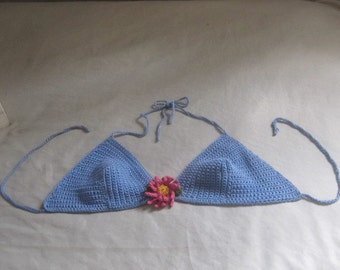 Sky Flower Blauw Katoen Gehaakte Bikini Top XL
