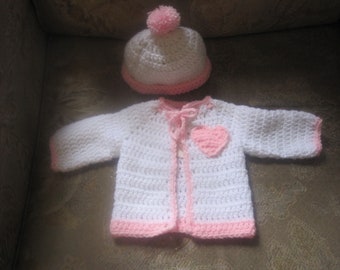 Valentijn hart roze witte baby meisje trui pompom muts set haak handgemaakte originele douchegift geboortecadeau pasgeboren tot zes maanden