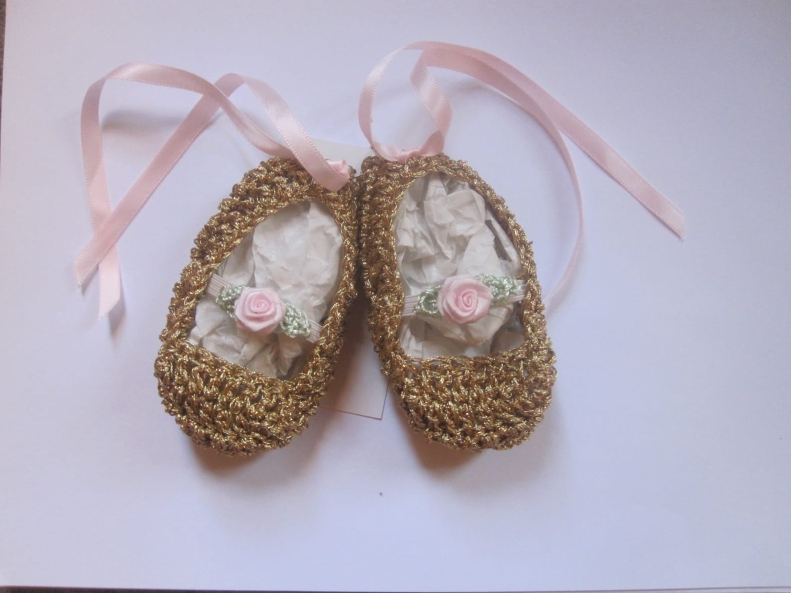 baby girl ballerina booties ballet crochet golden slippers pink rose satin ribbons shower gift newborn infant heirloom