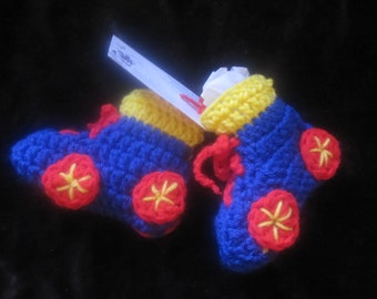 Rolschaatsen Jongen Babyslofjes Gehaakt Blauw Geel Rood 6-12 maanden.