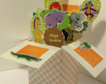 Handmade Dinosaurs or Zoo Animals Birthday Pop up Exploding Box Card- just 2 Variations left-- Free ship USA