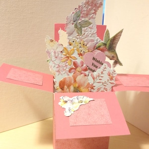 Handgemaakte Keep Sake Humming Bird m in pop-up exploderende bloemen doos kaart- Elk onderwerp of gelegenheid- Gratis schip USA