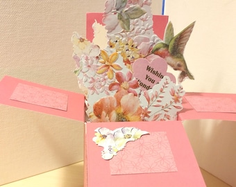 Handmade Keep Sake Humming Bird m in pop up exploding floral box card- Any topic or occasion- Free ship USA