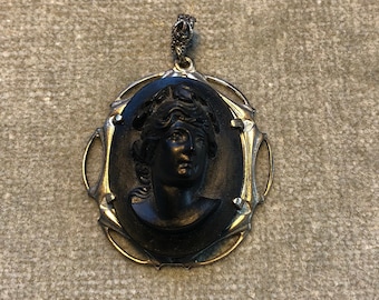 Vintage Black Bakelite High Relief Black Cameo / Art Deco Chromed Mount