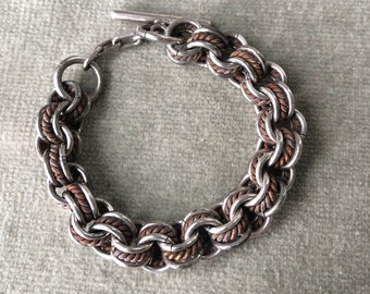 Vintage Mexican Silver and Brass Chain Bracelet with Toggle Clasp