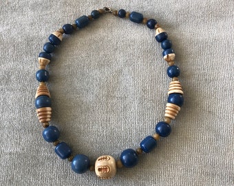 Blue and Beige Art Deco Carved Celluloid Necklace.