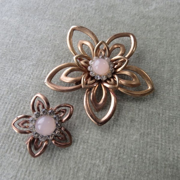 Pair of Floral Pins / Pale Pink and Rhinestone Centers