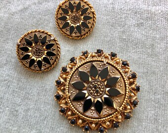 Vintage Florenza Black and Gold Glass and Rhinestones Brooch and Earrings