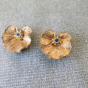 Czech Gilded Lily Pad Earrings with Blue Stone