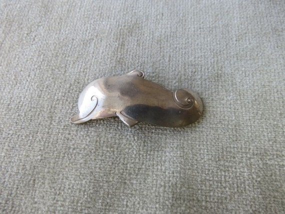 Mid Century Modernist Dolphin Brooch / Sterling S… - image 1