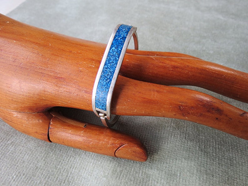 Mexican Alpaca, Silver and Crushed Blue Stone Bangle Bracelet image 1