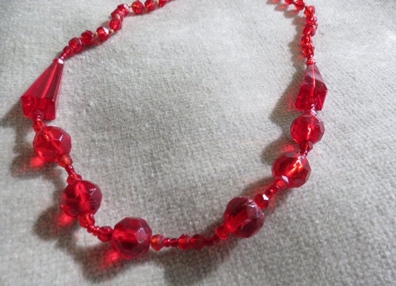 Vintage Ruby Red Long Glass Flapper Necklace - image 1