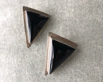 Mexican Silver and Black Onyx Earrings / Taxco / Pierced