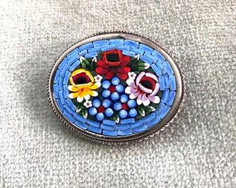 Millifiore Micro Mosaic Brooch / Italian / Floral / Filigree