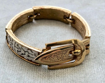 Vintage Gold and White Enamel Midcentury Buckle Bracelet