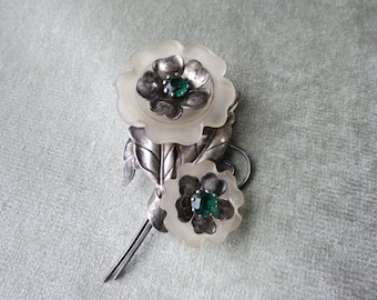 Vintage Carl Art Silver, Frosted Glass and Green Glass Brooch / 1940s