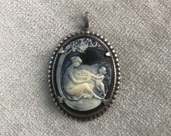 Vintage Celluloid Venus and Cupid Cameo Set in Silver