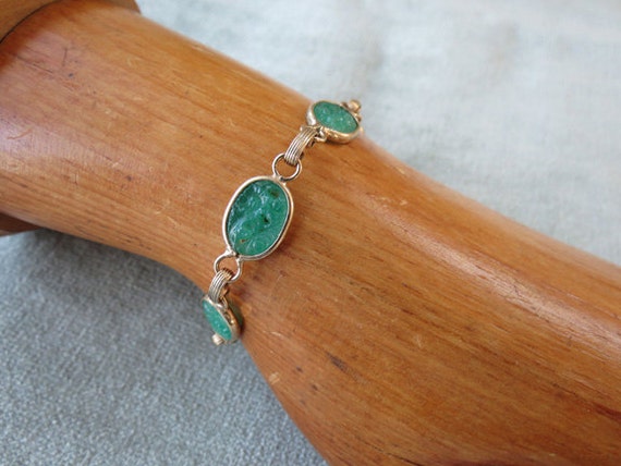 Faux Green Jade and Goldtone Vintage Bracelet / A… - image 1