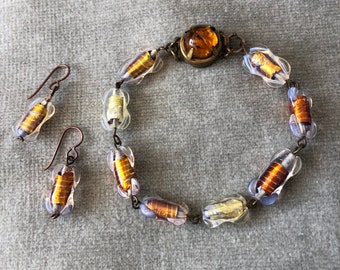 Cased Glass Gold and Copper Foil Murano Beads Necklace and Earrings