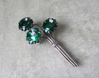 Huge Silver and Green Glass Brooch / 1930s or 40s