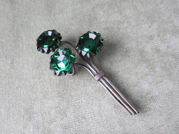 Huge Silver and Green Glass Brooch / 1930s or 40s - image 1