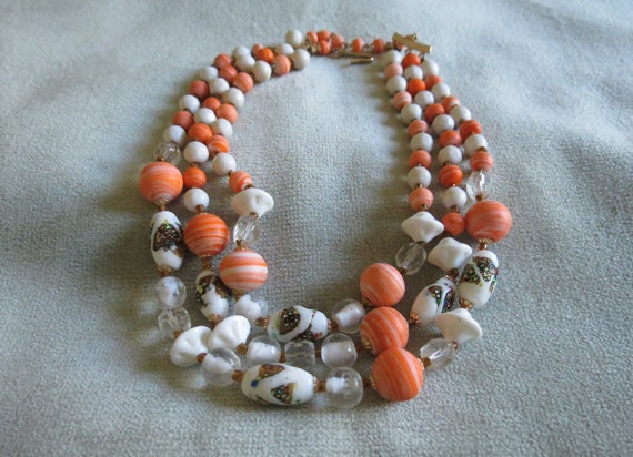 Vintage 3-strand Necklace with Orange swirl and F… - image 1