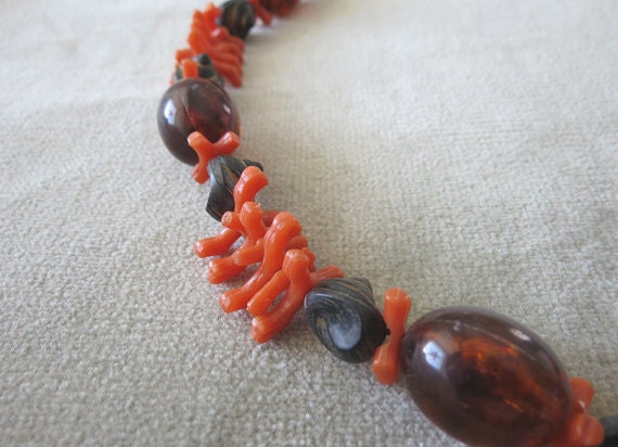 Fabulous Faux Amber, Coral and Shell Necklace / 1… - image 3