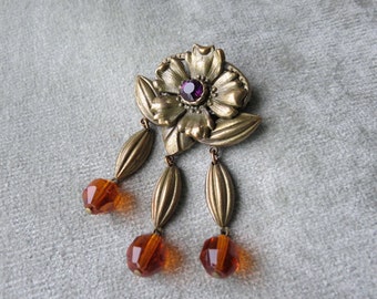 Vintage 30s Brooch / Art Deco Pin / Cast brass with Amber Glass Beads and Purple Rhinestone