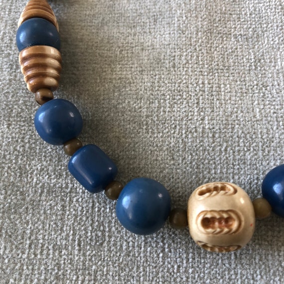 Blue and Beige Art Deco Carved Celluloid Necklace. - image 2
