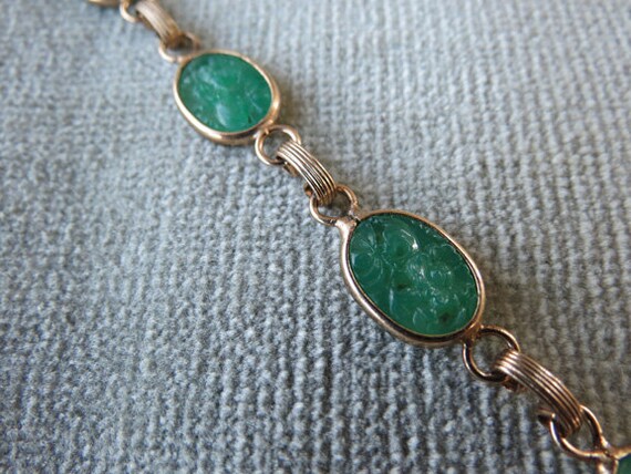 Faux Green Jade and Goldtone Vintage Bracelet / A… - image 2