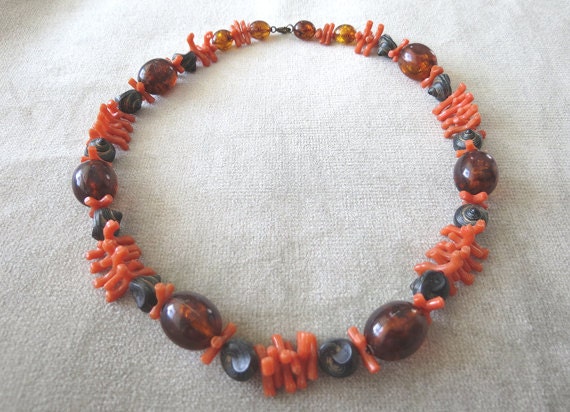 Fabulous Faux Amber, Coral and Shell Necklace / 1… - image 1